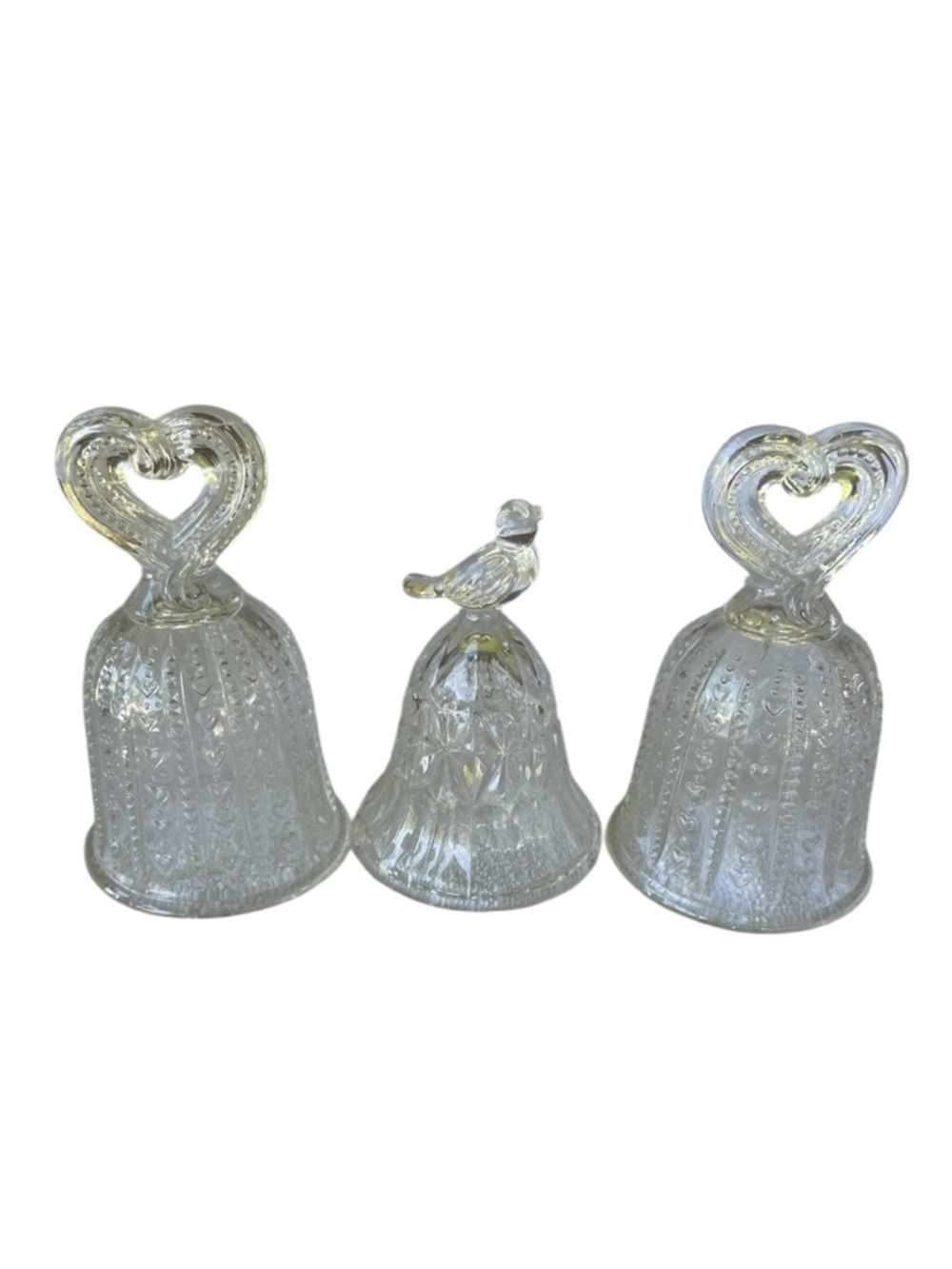 Vintage Clear Glass Decorative Bells with Heart and Bird Handles Avon